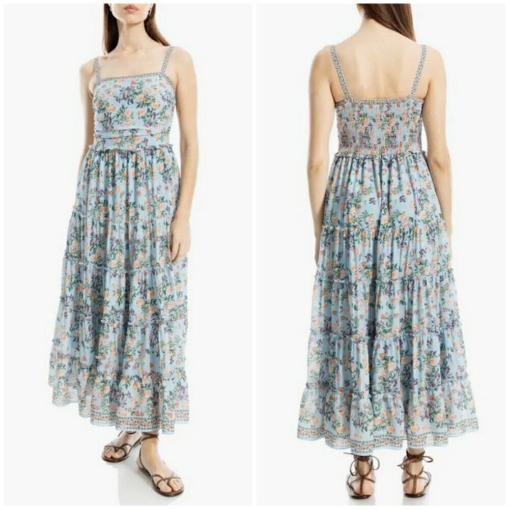 💕MAX STUDIO💕 Floral Print Maxi Dress ~ Blue Peach Heritage Bouquet Large NWT